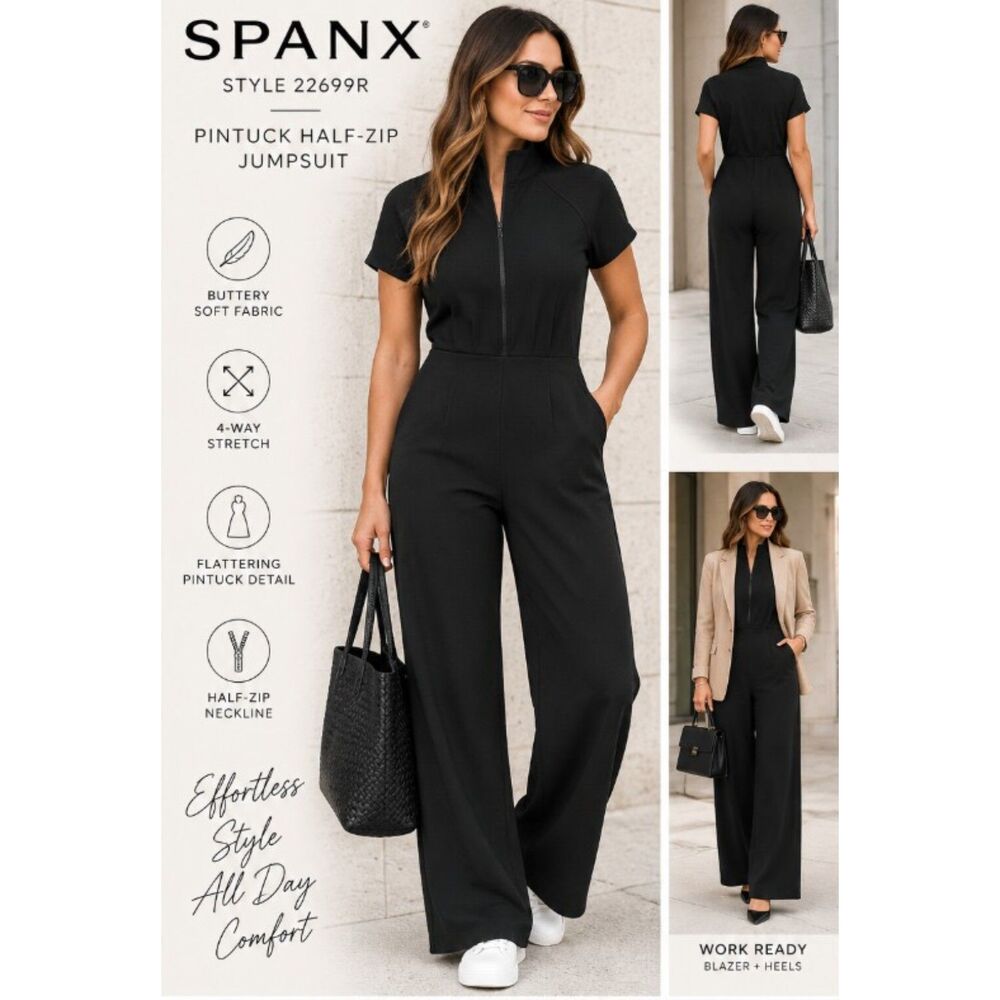 SPANX AirEssentials Half Zip Jumpsuit Womens XL Very Black Wide Leg NWT Ret $148